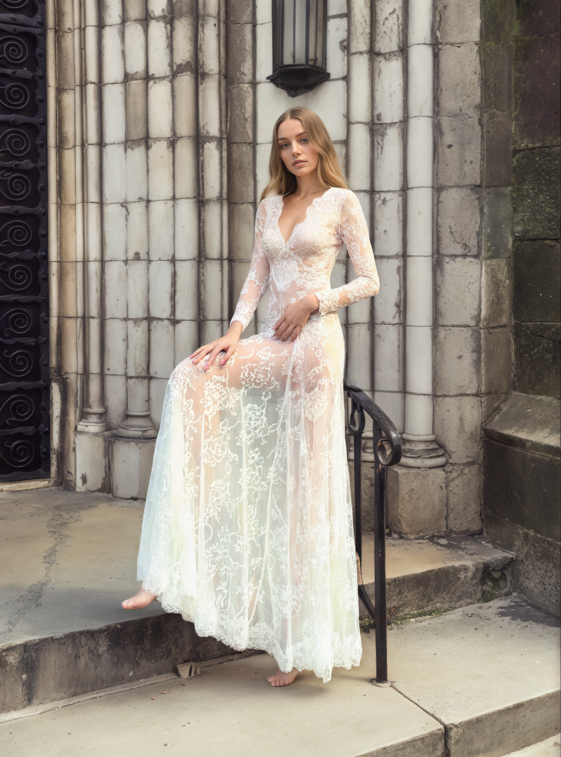 Long Sleeve Sheer Lacey Robe UnderDress | Embroidered Bridal Collection