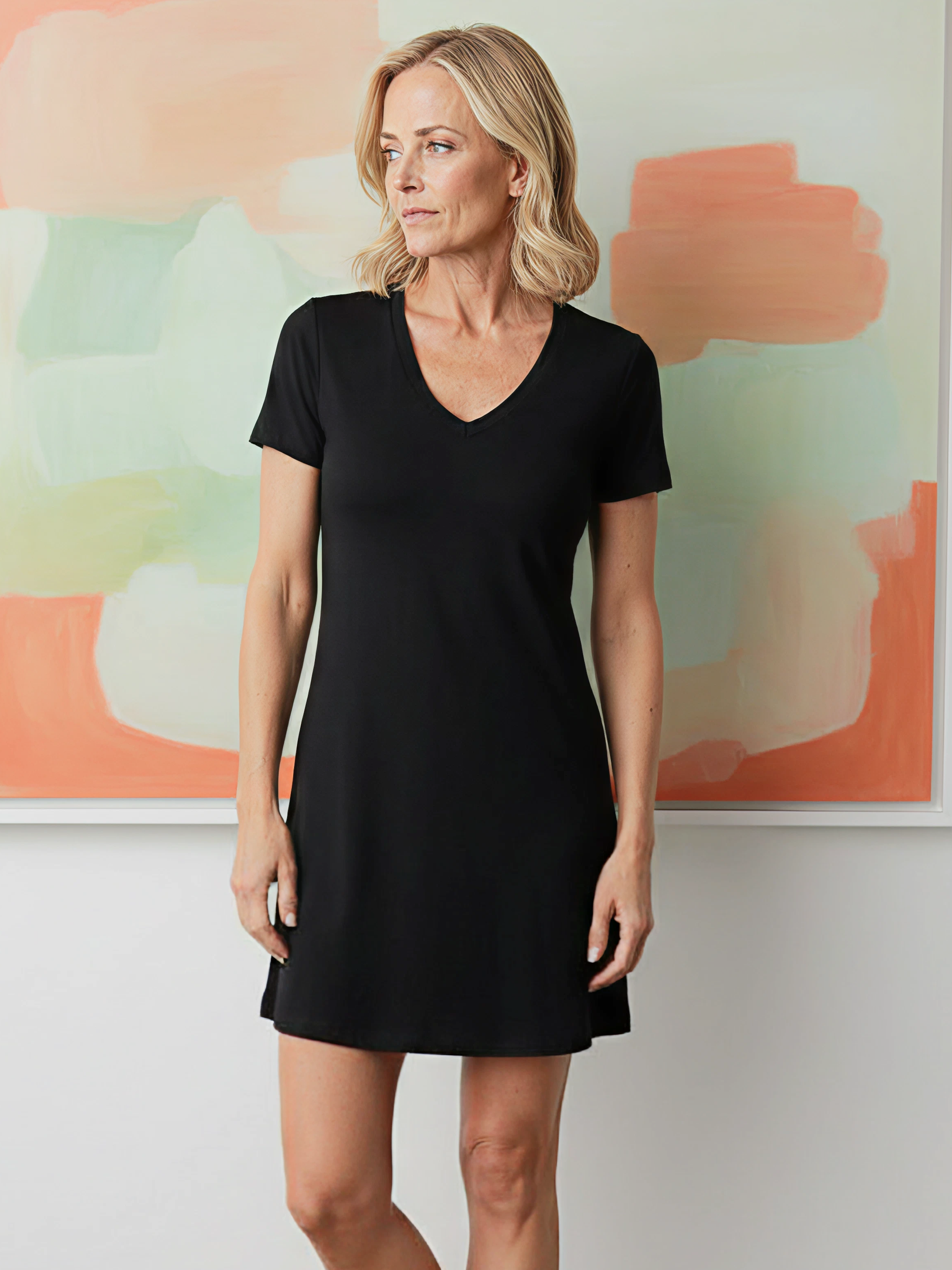 Black V-Neck Loungeware Pajama Sleeper Dress