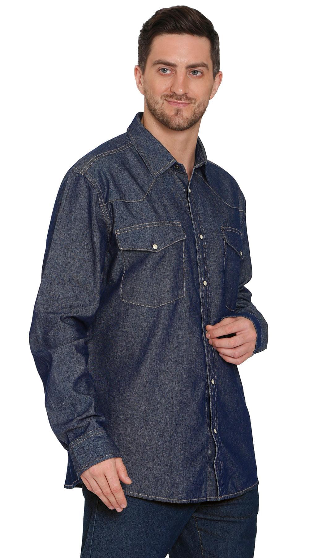 Front Double Pocket Men’s Button-Down Denim Long-Sleeve Casual Dress Shirt