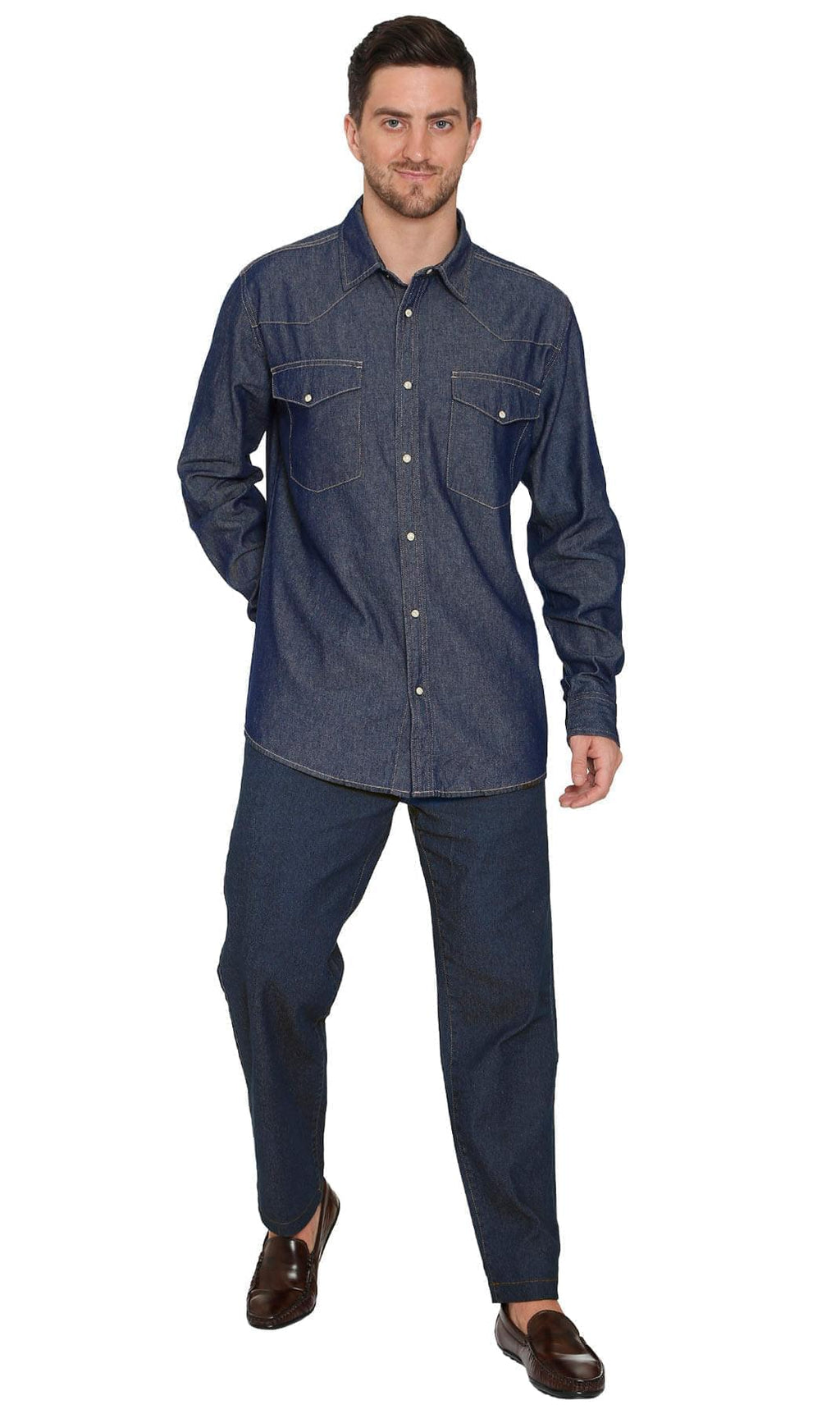 Front Double Pocket Men’s Button-Down Denim Long-Sleeve Casual Dress Shirt