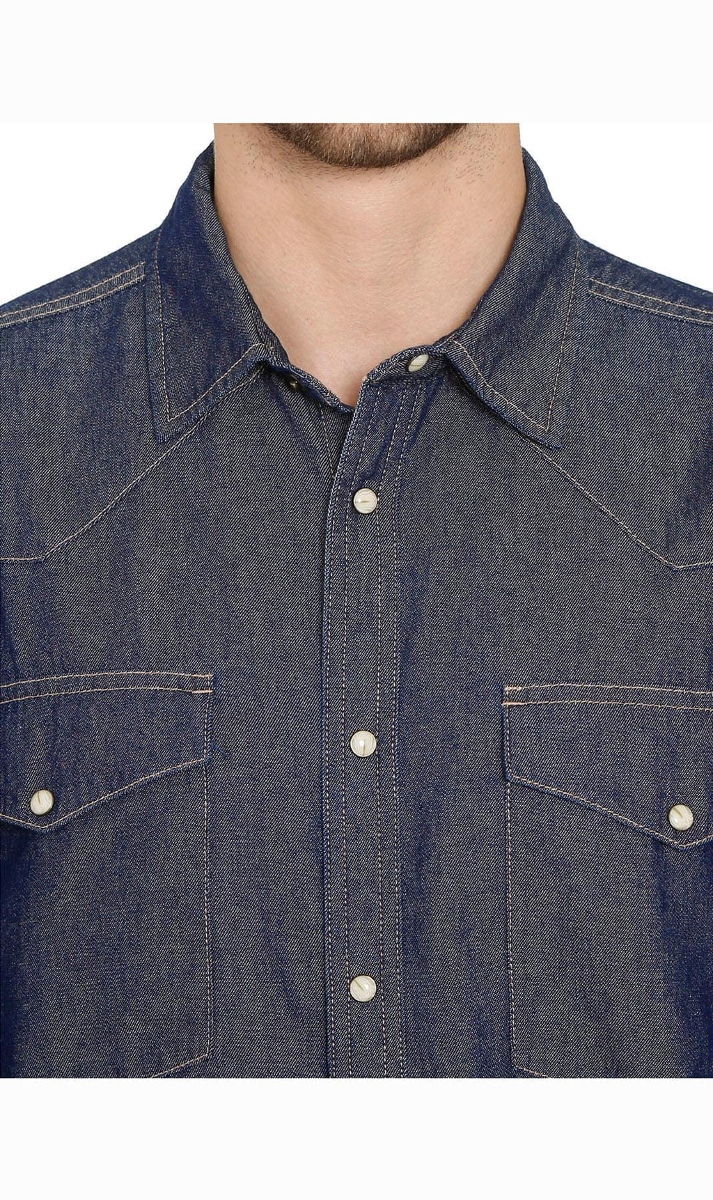 Front Double Pocket Men’s Button-Down Denim Long-Sleeve Casual Dress Shirt