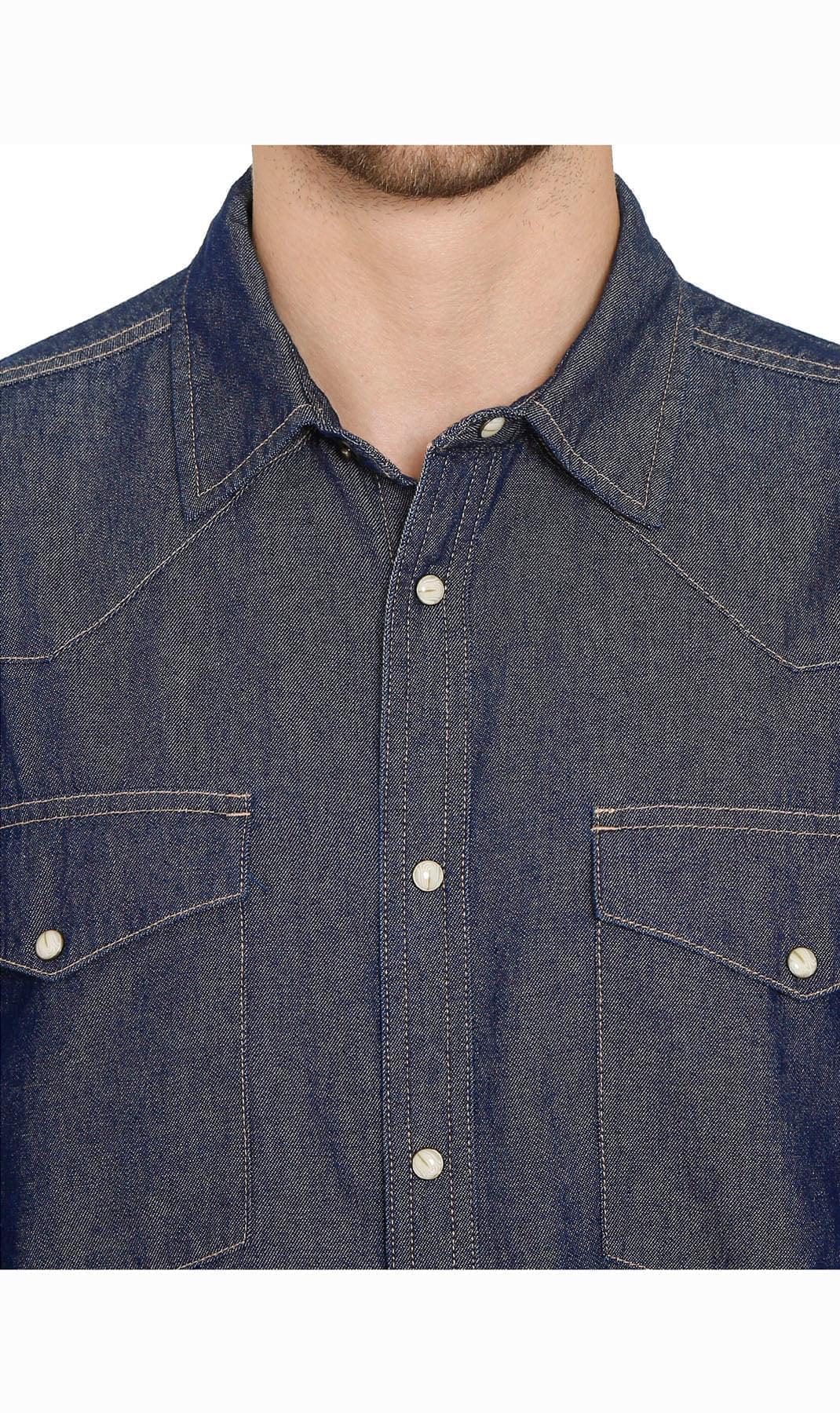 Front Double Pocket Men’s Button-Down Denim Long-Sleeve Casual Dress Shirt