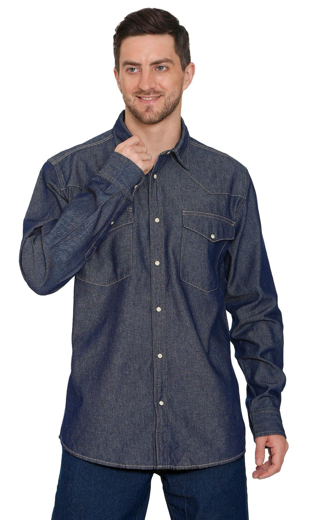 Front Double Pocket Men’s Button-Down Denim Long-Sleeve Casual Dress Shirt
