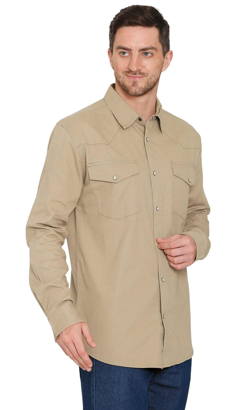 Front Double Pocket Men’s Button-Down Denim Long-Sleeve Casual Dress Shirt