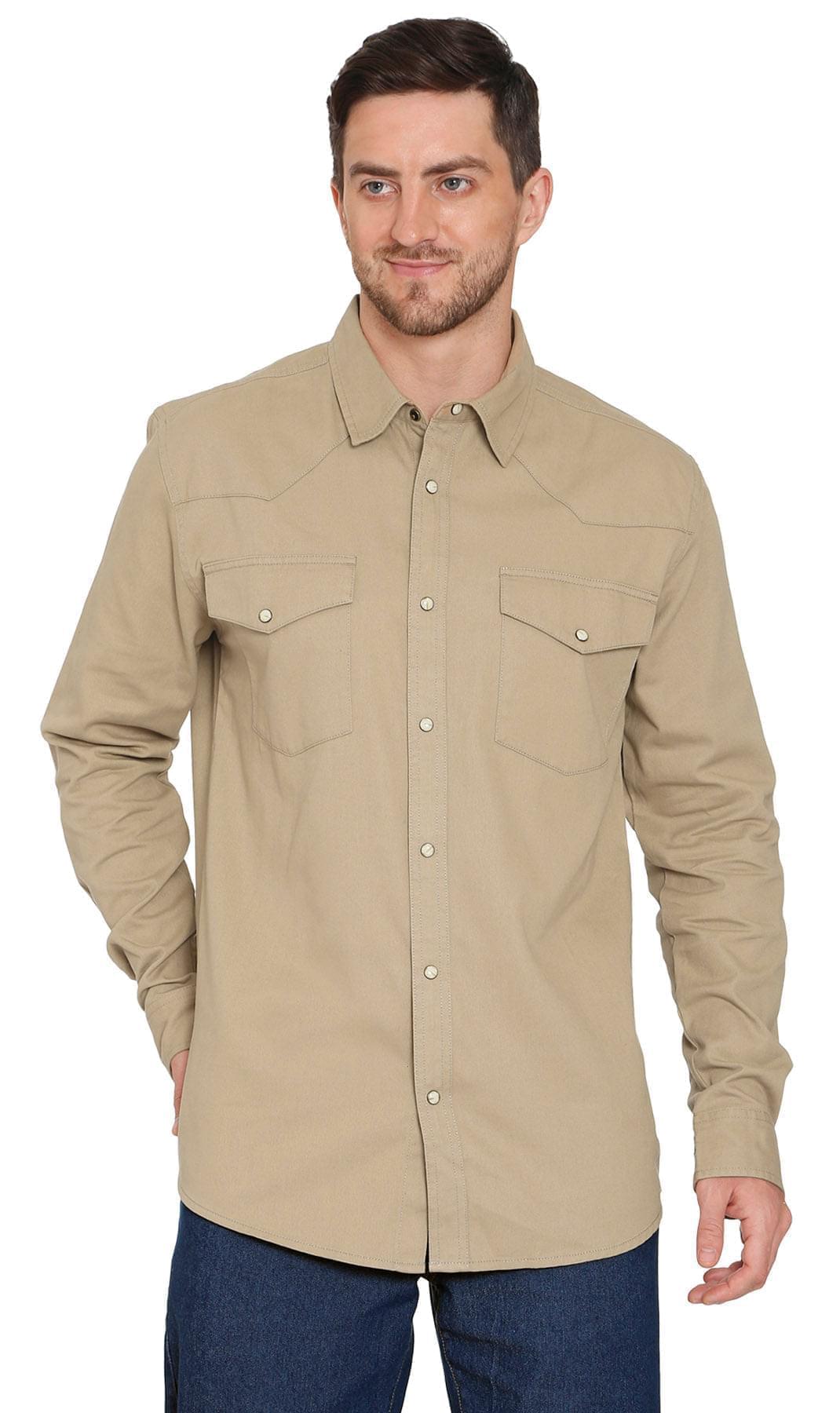 Front Double Pocket Men’s Button-Down Denim Long-Sleeve Casual Dress Shirt