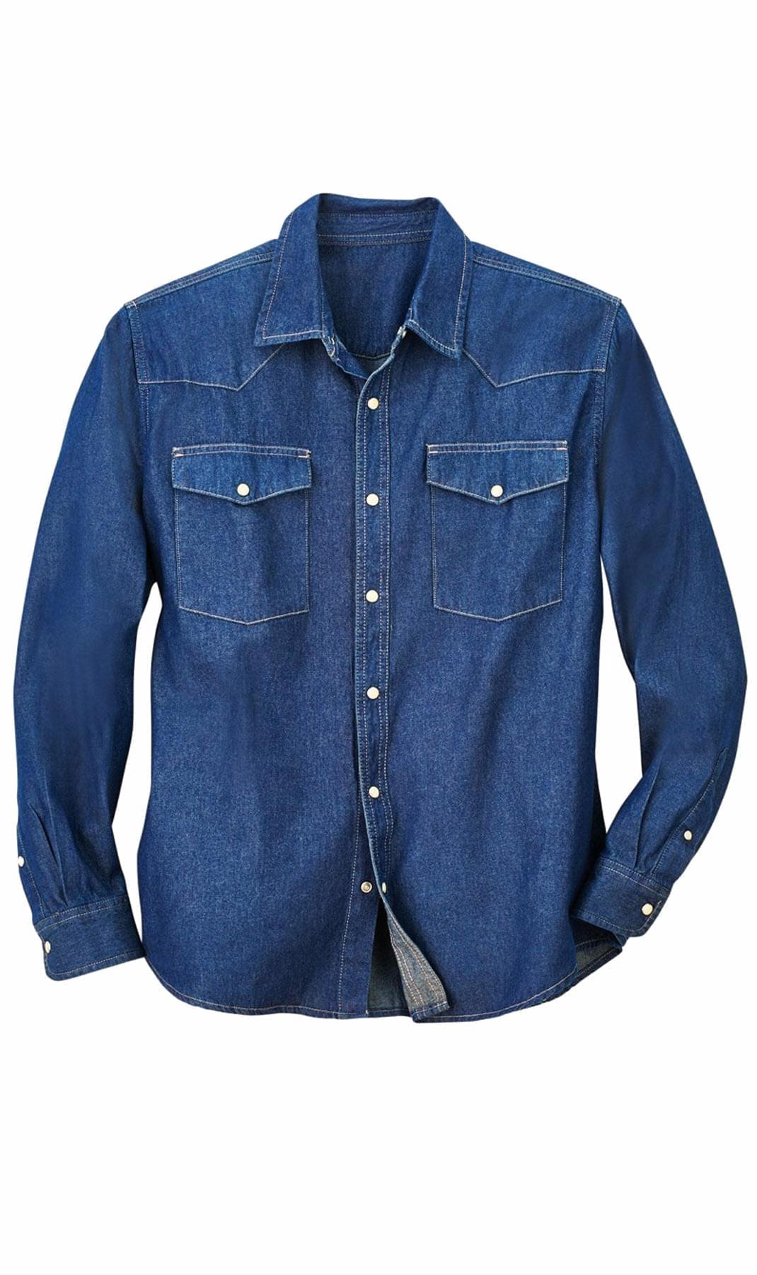 Front Double Pocket Men’s Button-Down Denim Long-Sleeve Casual Dress Shirt