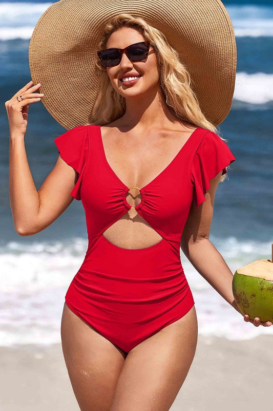 One Piece Classic Swimsuit Design via Ruffles, Shoulder Sleeves, O-Ring and Oval Center & Back Gold clasp with Cutout