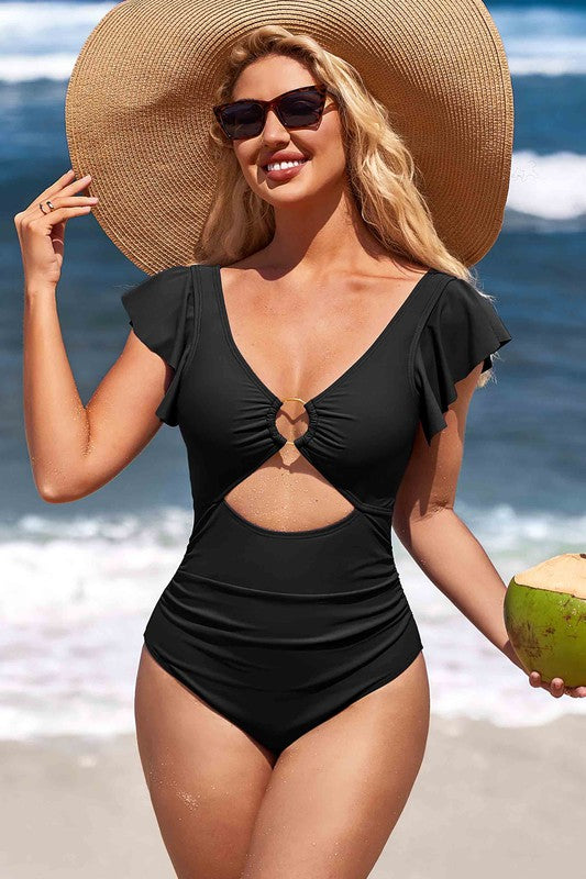 One Piece Classic Swimsuit Design via Ruffles, Shoulder Sleeves, O-Ring and Oval Center & Back Gold clasp with Cutout