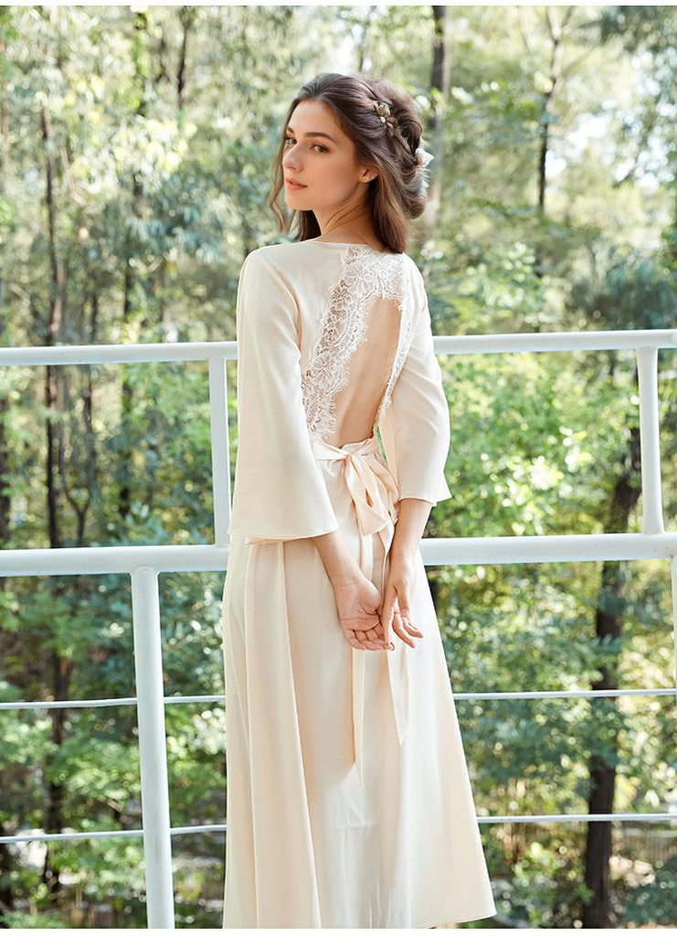 Satin V Neck Tie Dress W/ Keyhole Back—Nightgown