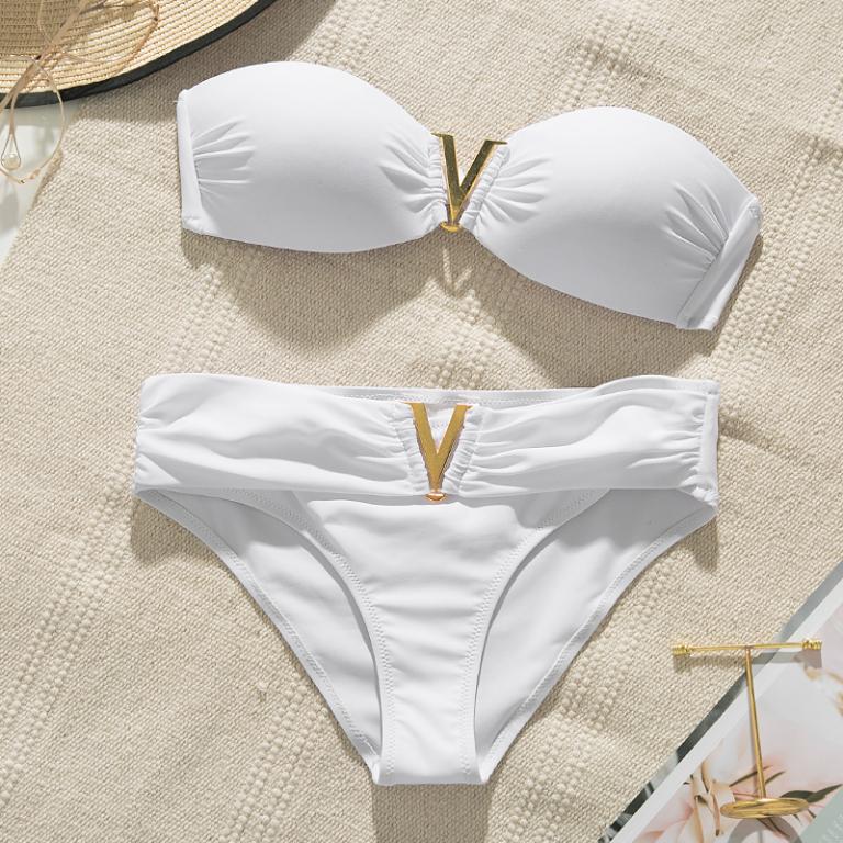 Two Piece Double Cup V 2 Piece Mini Bikini. Strapless Top Thick Bikini Bottom