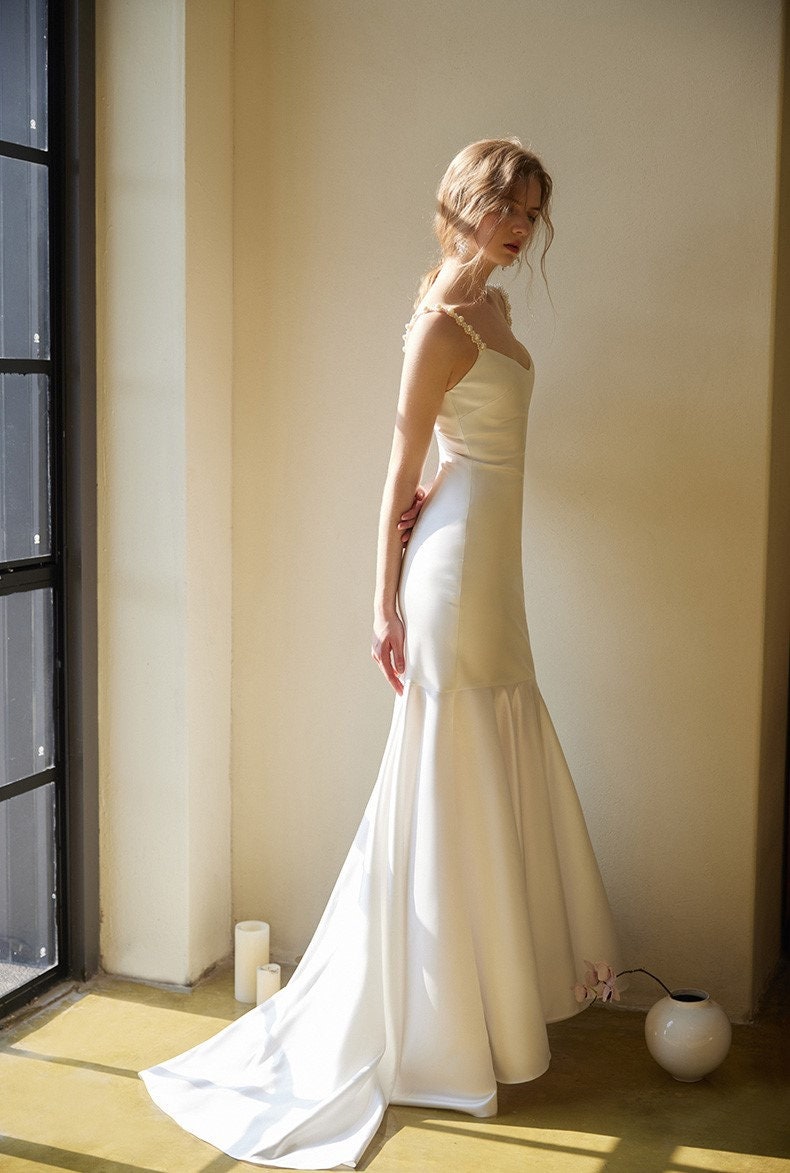 Satin Mermaid Thin Strap Wedding Gown
