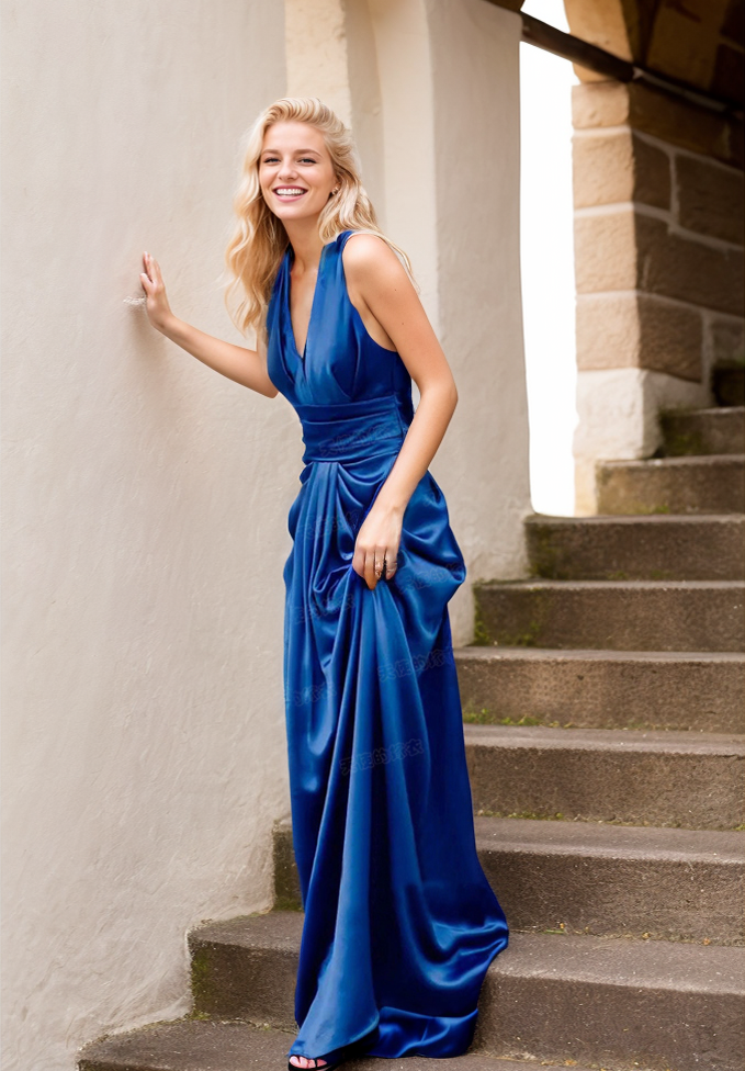 Royal Blue V-Neck, Hollow Back, Satin Cocktail Dress