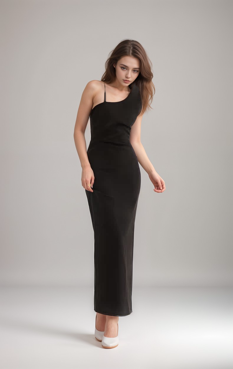 Little Black Cocktail Dress-Asymmetrical Strappy Cocktail Dinner Party Dress