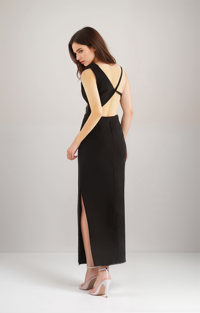 Little Black Cocktail Dress-Asymmetrical Strappy Cocktail Dinner Party Dress