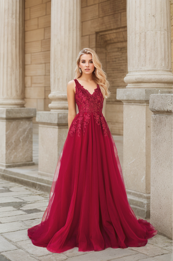 Ruby Red V-Neck Formal Dress
