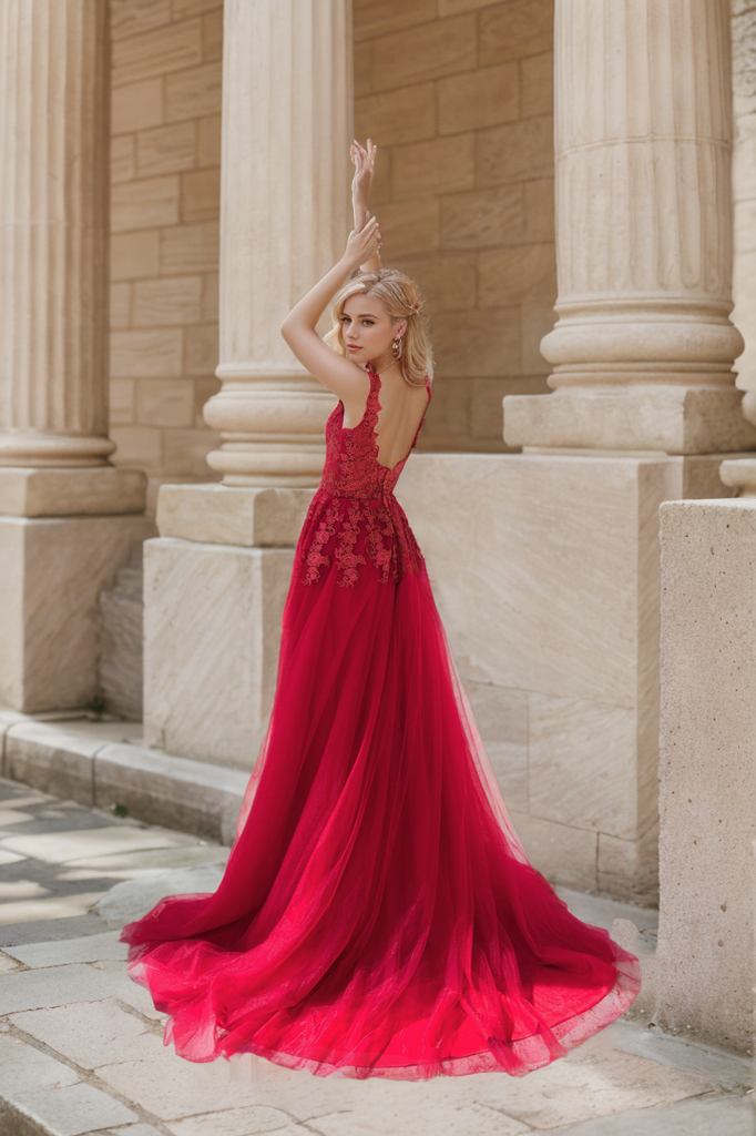 Ruby Red V-Neck Formal Dress