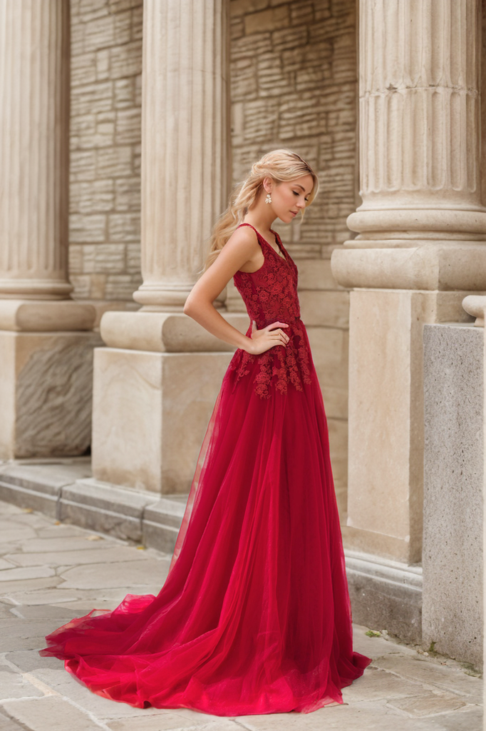 Ruby Red V-Neck Formal Dress