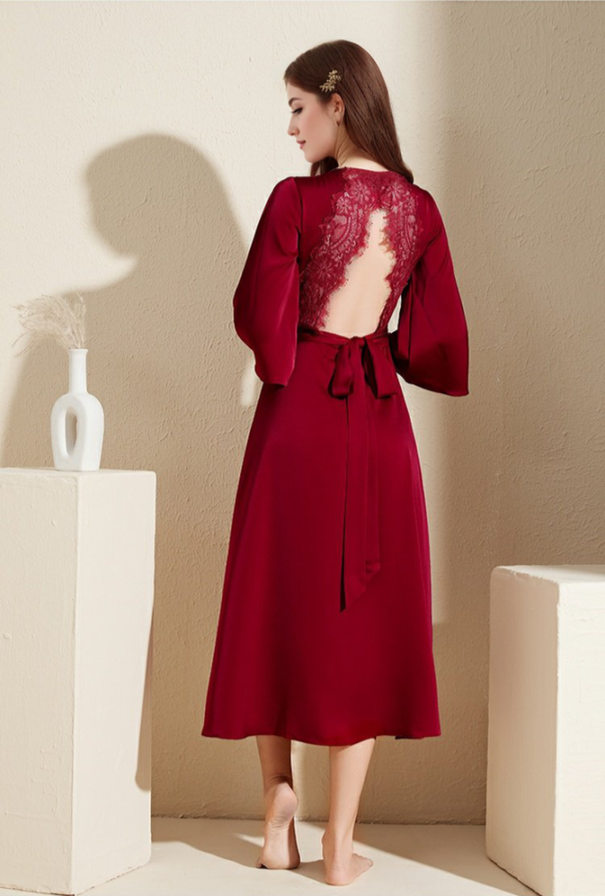 Satin V Neck Tie Dress W/ Keyhole Back—Nightgown