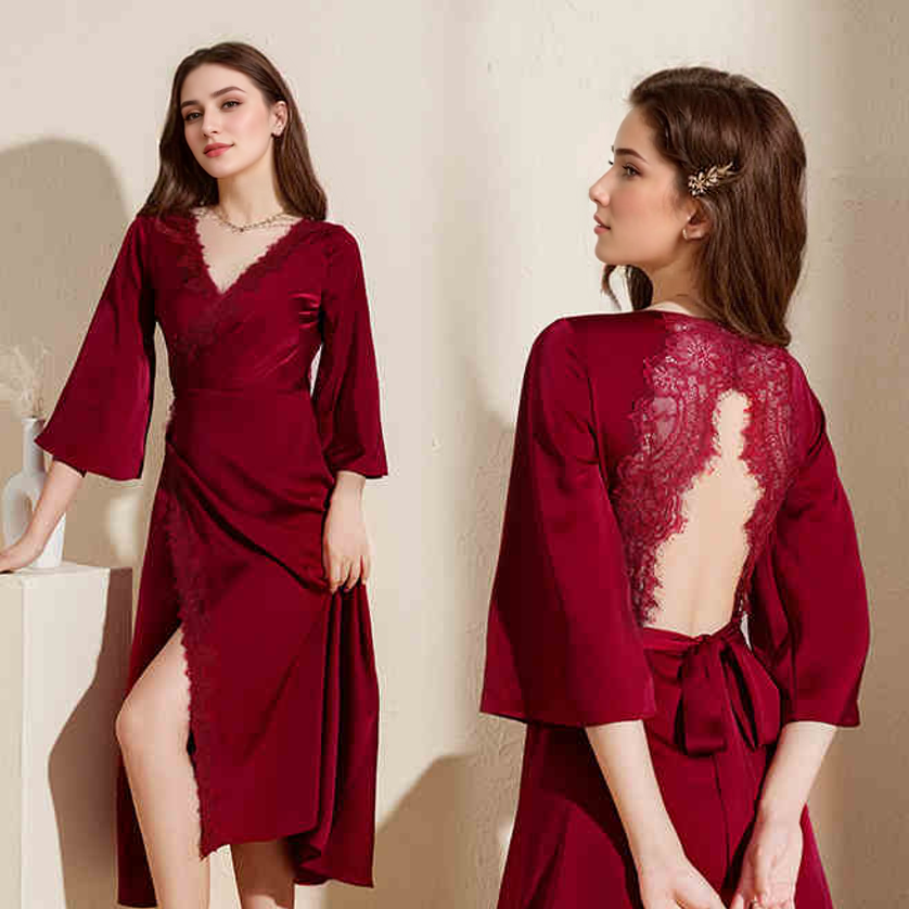 Satin V Neck Tie Dress W/ Keyhole Back—Nightgown