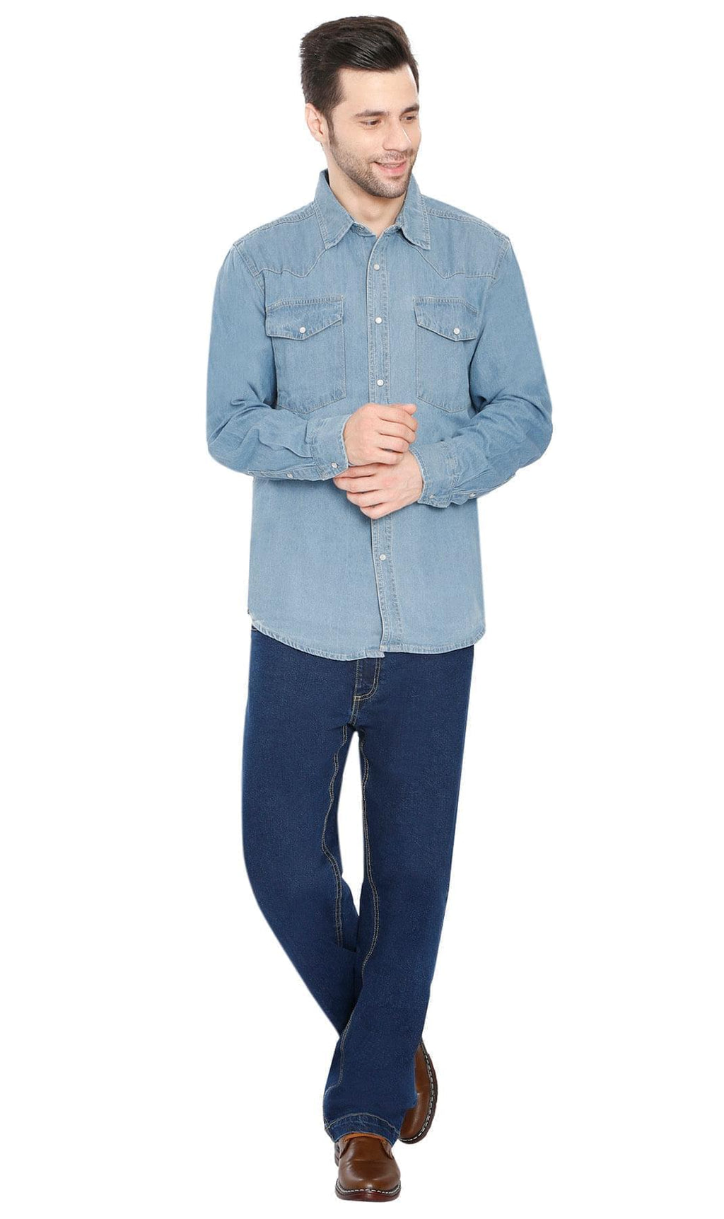 Front Double Pocket Men’s Button-Down Denim Long-Sleeve Casual Dress Shirt