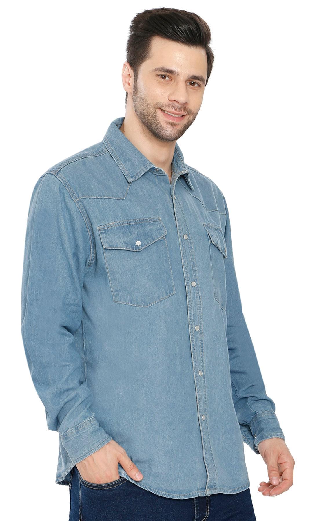 Front Double Pocket Men’s Button-Down Denim Long-Sleeve Casual Dress Shirt