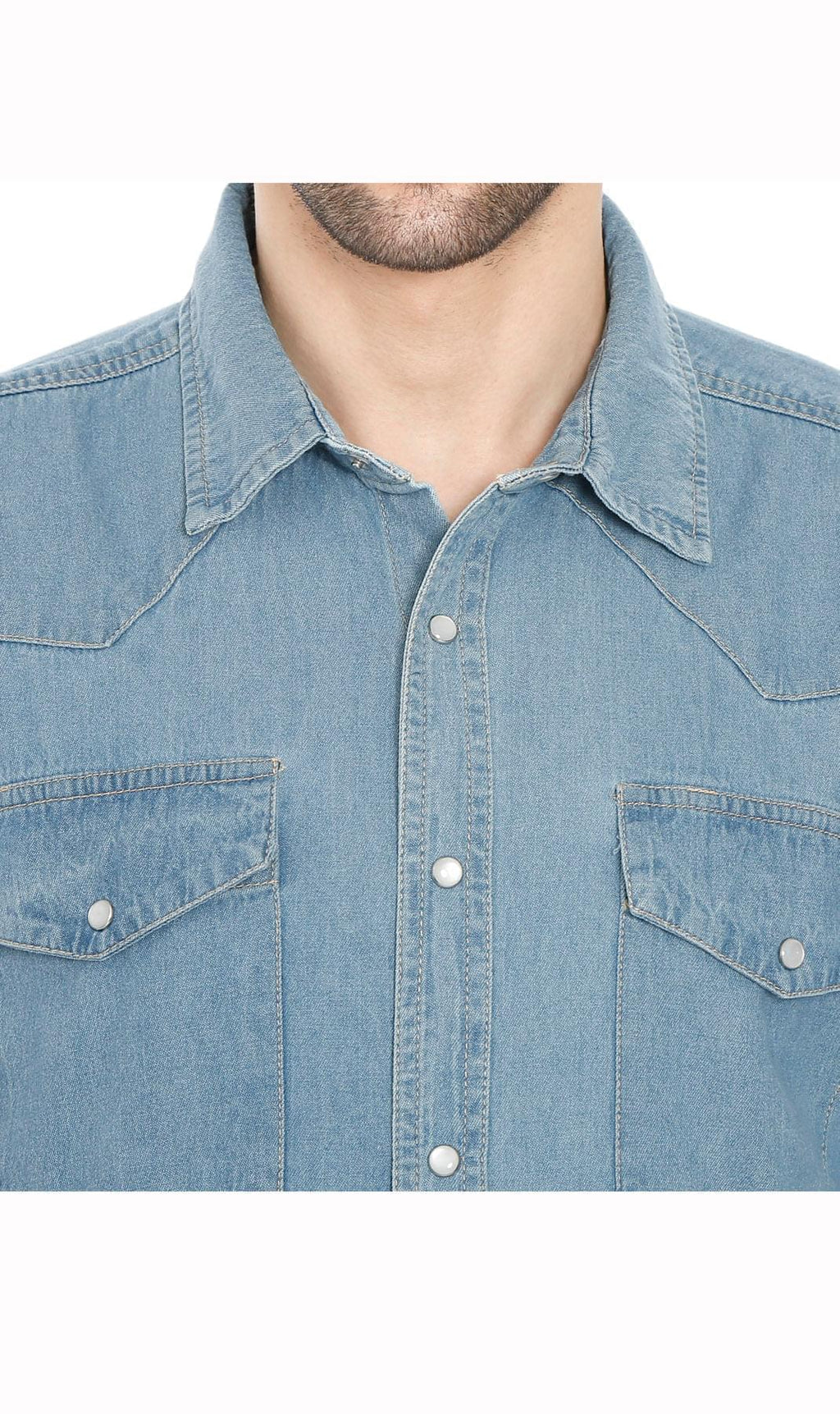Front Double Pocket Men’s Button-Down Denim Long-Sleeve Casual Dress Shirt