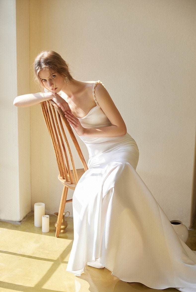 Satin Mermaid Thin Strap Wedding Gown