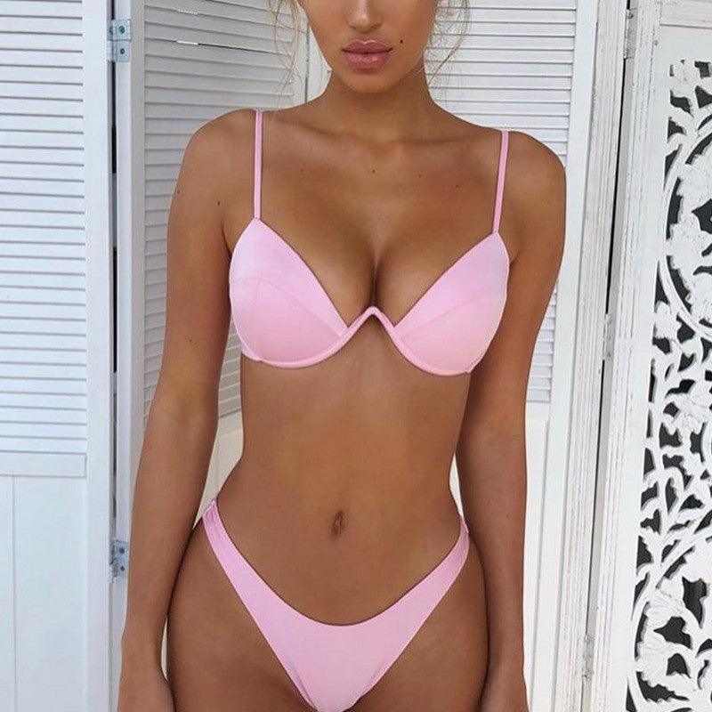 2 Piece Bikini Wire Push-Up Top & High Rise Thong Style Bottom