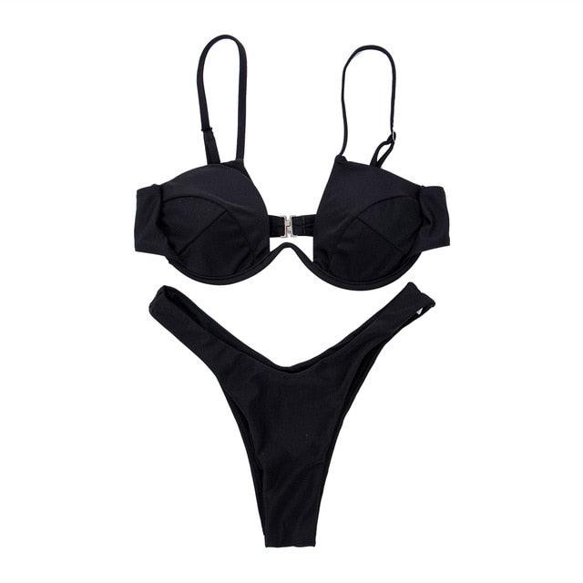 2 Piece Bikini Wire Push-Up Top & High Rise Thong Style Bottom