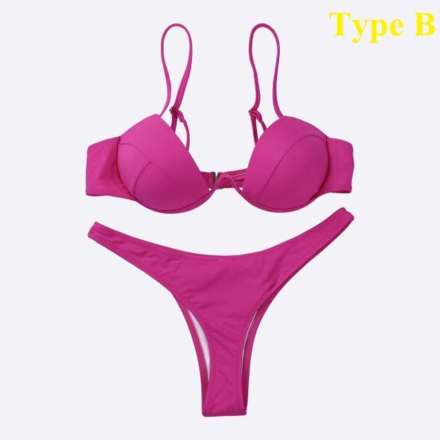 2 Piece Bikini Wire Push-Up Top & High Rise Thong Style Bottom