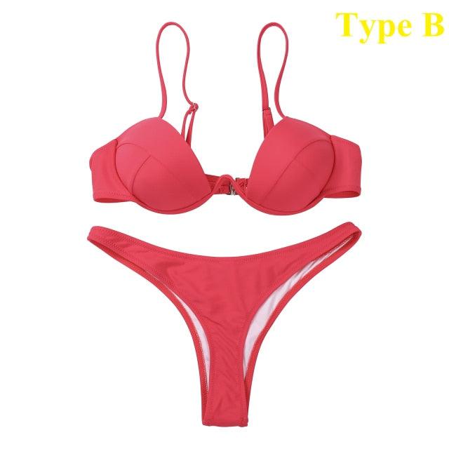 2 Piece Bikini Wire Push-Up Top & High Rise Thong Style Bottom