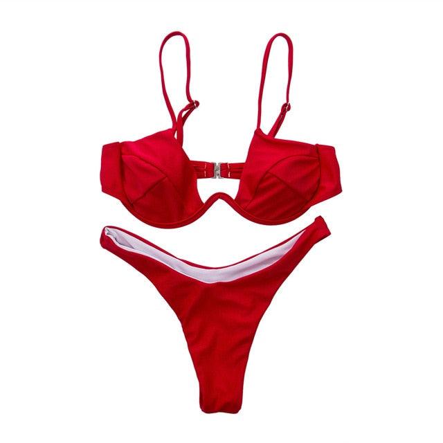 2 Piece Bikini Wire Push-Up Top & High Rise Thong Style Bottom