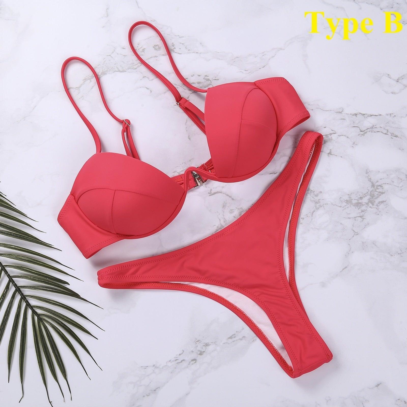 2 Piece Bikini Wire Push-Up Top & High Rise Thong Style Bottom