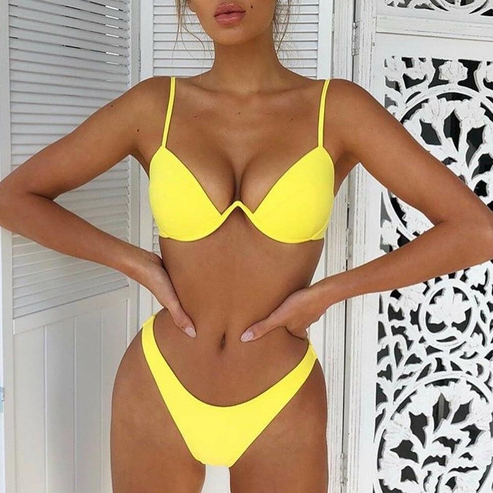 2 Piece Bikini Wire Push-Up Top & High Rise Thong Style Bottom