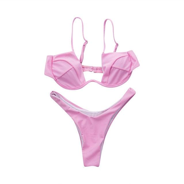 2 Piece Bikini Wire Push-Up Top & High Rise Thong Style Bottom