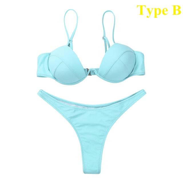 2 Piece Bikini Wire Push-Up Top & High Rise Thong Style Bottom