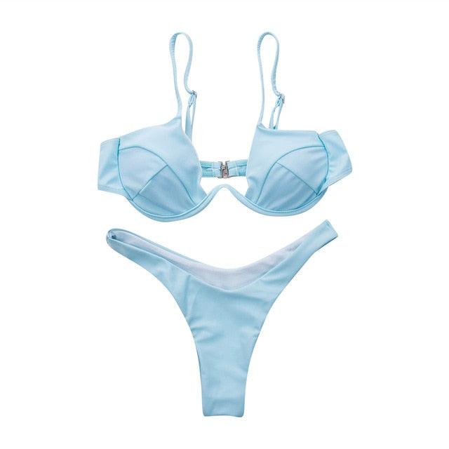 2 Piece Bikini Wire Push-Up Top & High Rise Thong Style Bottom